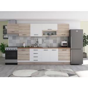 Bucatarie Alfa, PAL, 320 x 60 x 205 cm, blat termic nuc, alb-sonoma
