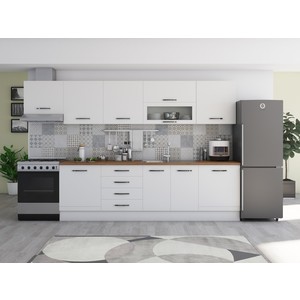 Bucatarie Alfa, PAL, 320 x 60 x 205 cm, blat termic nuc, alb