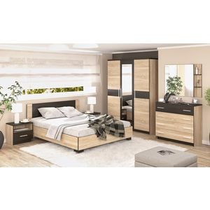 Mobila dormitor Veronika, pat 160 x 200 cm, dulap, comoda, 2 noptiere, sonoma-wenge