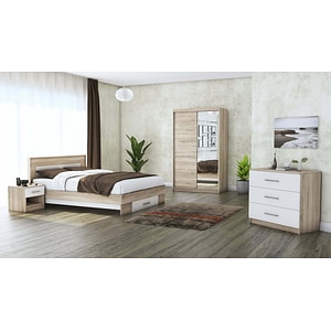 Set Dormitor Beta, sonoma / alb, dulap 120 cm, pat 140x200 cm, 2 noptiere, comoda