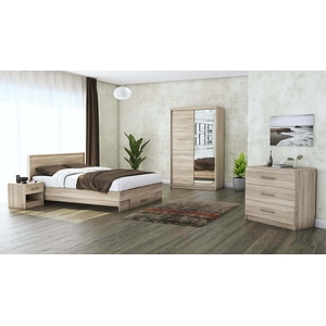 Set Dormitor Beta, sonoma, dulap 120 cm, pat 140x200 cm, 2 noptiere, comoda