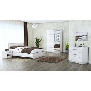 Set Dormitor Beta, alb, dulap 120 cm, pat 140x200 cm, 2 noptiere, comoda