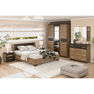 Mobila dormitor Veronika, pat 160 x 200 cm, dulap, comoda, 2 noptiere, stejar-wenge