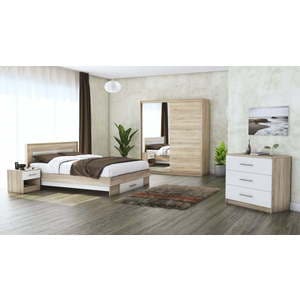 Mobila dormitor Beta, pat 140 x 200 cm, dulap 183 cm, comoda, 2 noptiere, sonoma-alb
