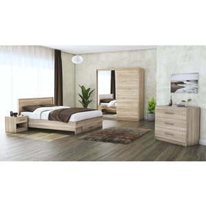 Mobila dormitor Beta, pat 140 x 200 cm, dulap 183 cm, comoda, 2 noptiere, sonoma