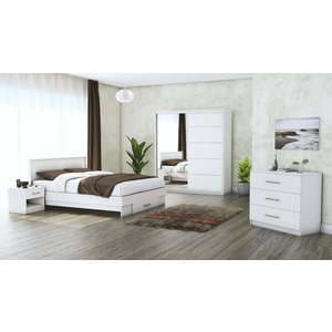 Mobila dormitor Beta, pat 140 x 200 cm, dulap 183 cm, comoda, 2 noptiere, alb
