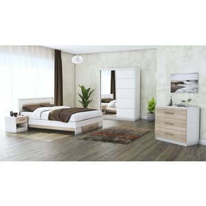 Mobila dormitor Beta, pat 140 x 200 cm, dulap 150 cm, comoda, 2 noptiere, alb-sonoma