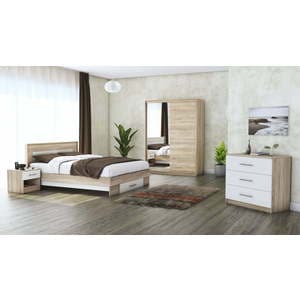 Mobila dormitor Beta, pat 140 x 200 cm, dulap 150 cm, comoda, 2 noptiere, sonoma-alb