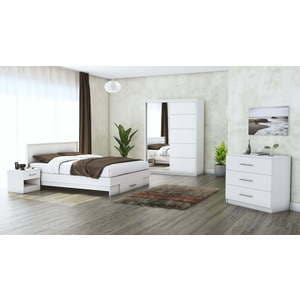 Mobila dormitor Beta, pat 140 x 200 cm, dulap 150 cm, comoda, 2 noptiere, alb