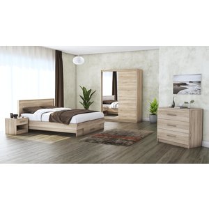 Mobila dormitor Beta, pat 140 x 200 cm, dulap 150 cm, comoda, 2 noptiere, sonoma