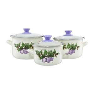 Set 3 oale emailate cu capac, 6 piese, model clasic, prune, EMALIA OLKUSZ