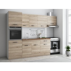 Bucatarie Sofia 260 cm, sonoma, blat termic nuc, corp cuptor incorporabil