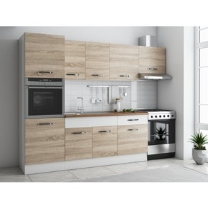 Bucatarie Sofia 260 cm, sonoma / alb, blat termic nuc, corp cuptor incorporabil