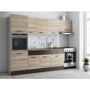 Bucatarie Sofia 260 cm, sonoma / wenge, blat termic nuc, corp cuptor incorporabil