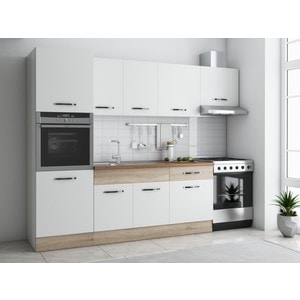 Bucatarie Sofia 260 cm, alb / sonoma, blat termic nuc, corp cuptor incorporabil