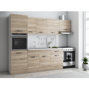 Bucatarie Sofia 260 cm, sonoma, blat termic alb, corp cuptor incorporabil