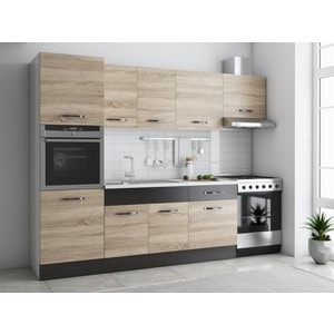 Bucatarie Sofia 260 cm, sonoma / wenge, blat termic alb, corp cuptor incorporabil