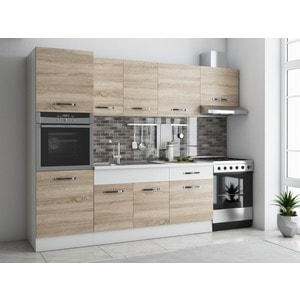 Bucatarie Sofia 260 cm, sonoma / alb, blat termic alb, corp cuptor incorporabil