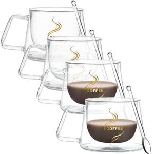 Set 4 cesti cu pereti dubli si 4 lingurite, Quasar & Co., model COFFEE, termorezistente, lingurita ceai/cafea, 200 ml, sticla, transparent