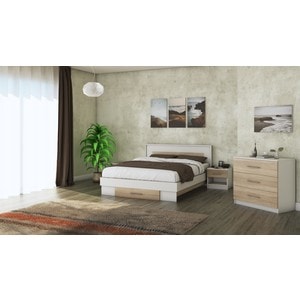 Mobila dormitor Beta, pat 160 x 200 cm, saltea, comoda, 2 noptiere, alb-sonoma