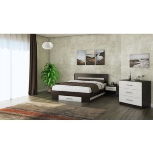 Mobila dormitor Beta, pat 140 x 200 cm, saltea, comoda, 2 noptiere, wenge-alb