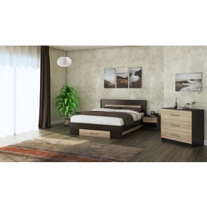 Mobila dormitor Beta, pat 140 x 200 cm, saltea, comoda, 2 noptiere, wenge-sonoma