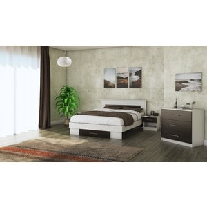 Mobila dormitor Beta, pat 140 x 200 cm, saltea, comoda, 2 noptiere, alb-wenge