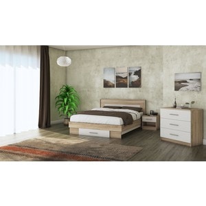 Mobila dormitor Beta, pat 160 x 200 cm, saltea, comoda, 2 noptiere, sonoma-alb