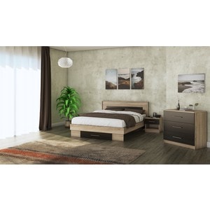 Mobila dormitor Beta, pat 160 x 200 cm, saltea, comoda, 2 noptiere, sonoma-wenge