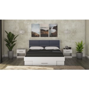Mobila dormitor Solano, pat 140 x 200 cm, 2 noptiere, alb-gri