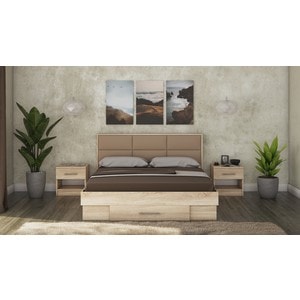 Mobila dormitor Solano, pat 140 x 200 cm, saltea, 2 noptiere, sonoma-camel