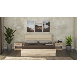 Mobila dormitor Solano, pat 140 x 200 cm, saltea, 2 noptiere, sonoma-crem