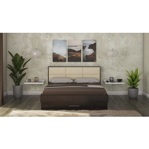 Mobila dormitor Solano, pat 140 x 200 cm, saltea, 2 noptiere, wenge-crem