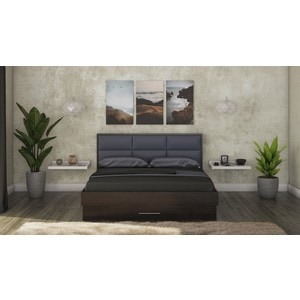 Mobila dormitor Solano, pat 140 x 200 cm, saltea, 2 noptiere, wenge-gri