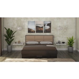 Mobila dormitor Solano, pat 140 x 200 cm, saltea, 2 noptiere, wenge-camel