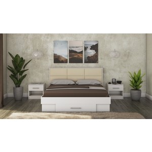 Mobila dormitor Solano, pat 140 x 200 cm, saltea, 2 noptiere, alb-crem