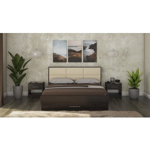 Mobila dormitor Solano, pat 160 x 200 cm, saltea, 2 noptiere, wenge-crem