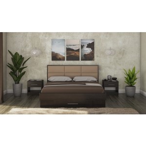 Mobila dormitor Solano, pat 160 x 200 cm, saltea, 2 noptiere, wenge-camel