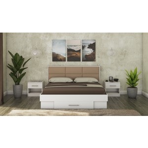 Mobila dormitor Solano, pat 160 x 200 cm, saltea, 2 noptiere, alb-camel