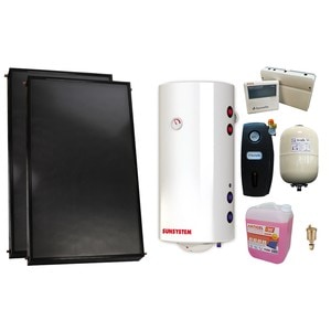 Pachet sistem solar presurizat, 2 x Panou solar plan Fornello 2.0 m SPFP, Boiler cu 2 serpentine si rezistenta electrica Sunsystem BB NL2 150 PRL 3KW, grup pompare, controller, vas expansiune, antigel, aerisitor 1/2