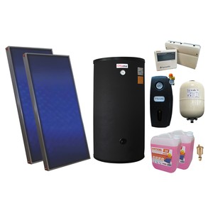 Pachet sistem solar presurizat, 2 x panou Sunsystem P SL FP 2.0, Boiler 2 serpentine 200 litri, controller, vas expansiune, grup pompare, aerisitor 1/2, antigel
