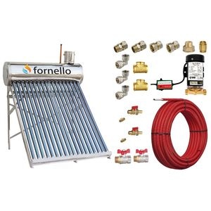 Pachet panou solar nepresurizat Fornello pentru producere apa calda, cu rezervor inox 150 litri, 18 tuburi vidate, vas flotor 5 litri, pompa ridicare presiune, teava hidronix si fitinguri montaj