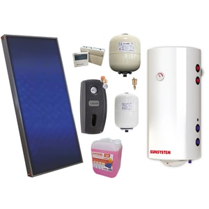 Pachet solar premium, presurizat, panou plan Sunsystem P SL FP 2.0, Boiler cu 2 serpentine Sunsystem MB NL2 100 PRL 2S, controller, vas expansiune solar, vas expansiune sanitar, grup pompare Fornello (pompa OHI), aerisitor, antigel