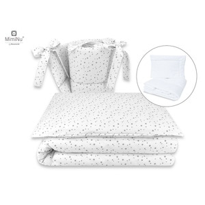 Set lenjerie MimiNu patut 5 piese, Cu pilota si perna, Din bumbac certificat Oeko Tex Standard 100, Pentru patut 120x60 cm, Mini Gray Stars