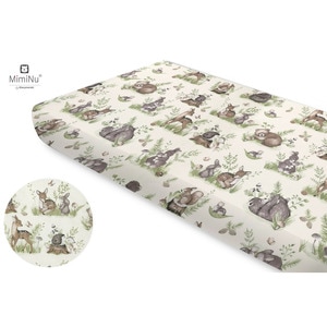 Cearceaf cu elastic MimiNu, Din bumbac certificat Oeko Tex Standard 100, Pentru pat 160x80 cm, Design, Calm Forest Natural