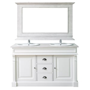 Dulap baie pentru 2 lavoare, ornamentat - lavoarele sunt incluse in pret, cu oglinda, culoare top gri deschis P080, culoare corp alb P004, dublu color, 100% lemn masiv