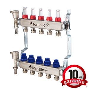 Distribuitor-Colector Fornello, echipat cu debitmetre, robineti si aerisitoare, inox, filet interior, 5 cai, 1"