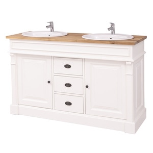 Dulap baie pentru 2 lavoare, ornamentat, blat stejar - lavoarele sunt inculse in pret, culoare top maro P089,  culoarte corp alb antichizat P039A,  dublu color, 100% lemn masiv