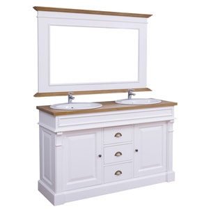 Dulap baie cu 2 lavoare, cu oglinda, lavoar inclus in pret, sertare cu sine, culoare top maro P082, culoare corp alb P004, dublu color, 100% lemn masiv