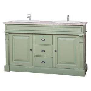Dulap baie pentru 2 lavoare, ornamentat, sertare cu sine, blat stejar - lavoarele sunt incluse in pret, culoare top gri P067, culoare corp verde P054, dublu color, 100% lemn masiv